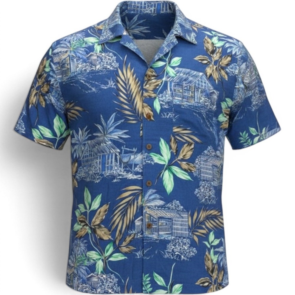 Island 2 Island Mens Large Blue Tropical Palm‎ Leaf Rayon Aloha Hawaiian Shirt